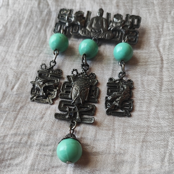 Asian Inspired Ethnic Faux Green Turquoise Metal Buddha Brooch Pewter Tone EUC - Picture 9 of 9